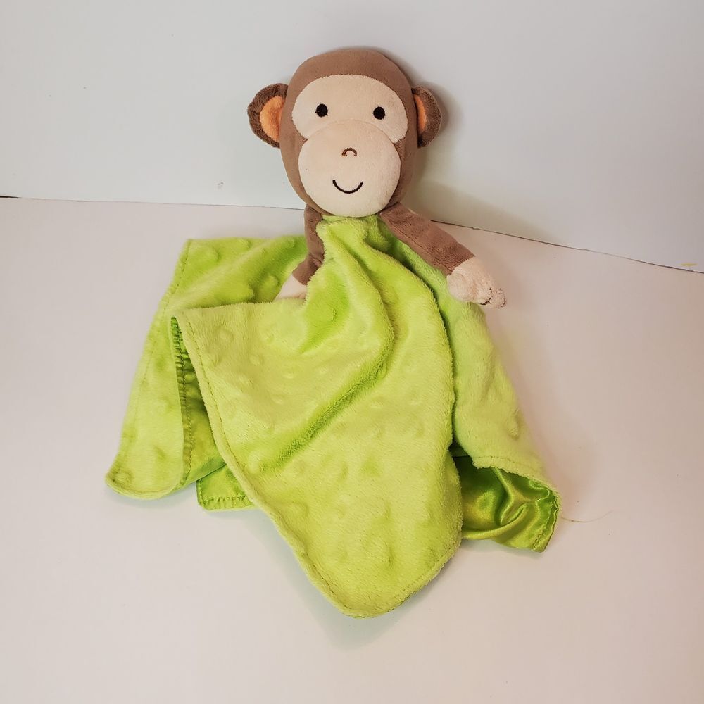 Okie Dokie Green Minky Dot & Satin Brown Monkey Security Blanket Lovie Lovey 14"